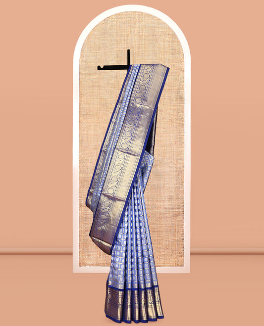 Blue Peacock Chakra Buttas-Checked Venkatagiri Silk Saree, a Contrast Traditional Border, Contrast Blouse