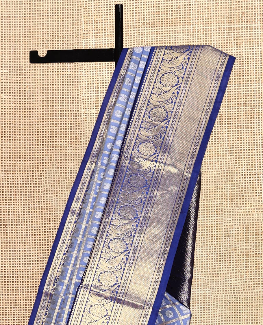 Blue Peacock Chakra Buttas-Checked Venkatagiri Silk Saree, a Contrast Traditional Border, Contrast Blouse