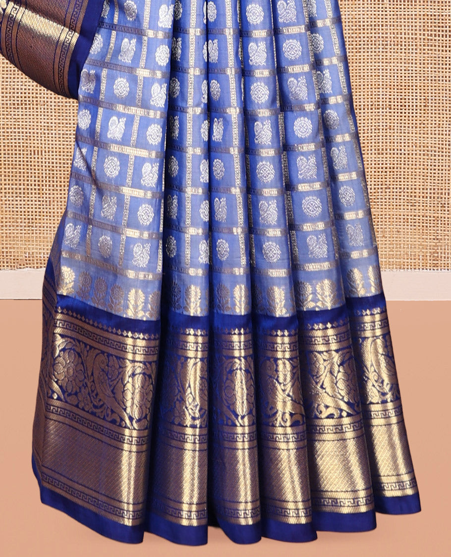 Blue Peacock Chakra Buttas-Checked Venkatagiri Silk Saree, a Contrast Traditional Border, Contrast Blouse