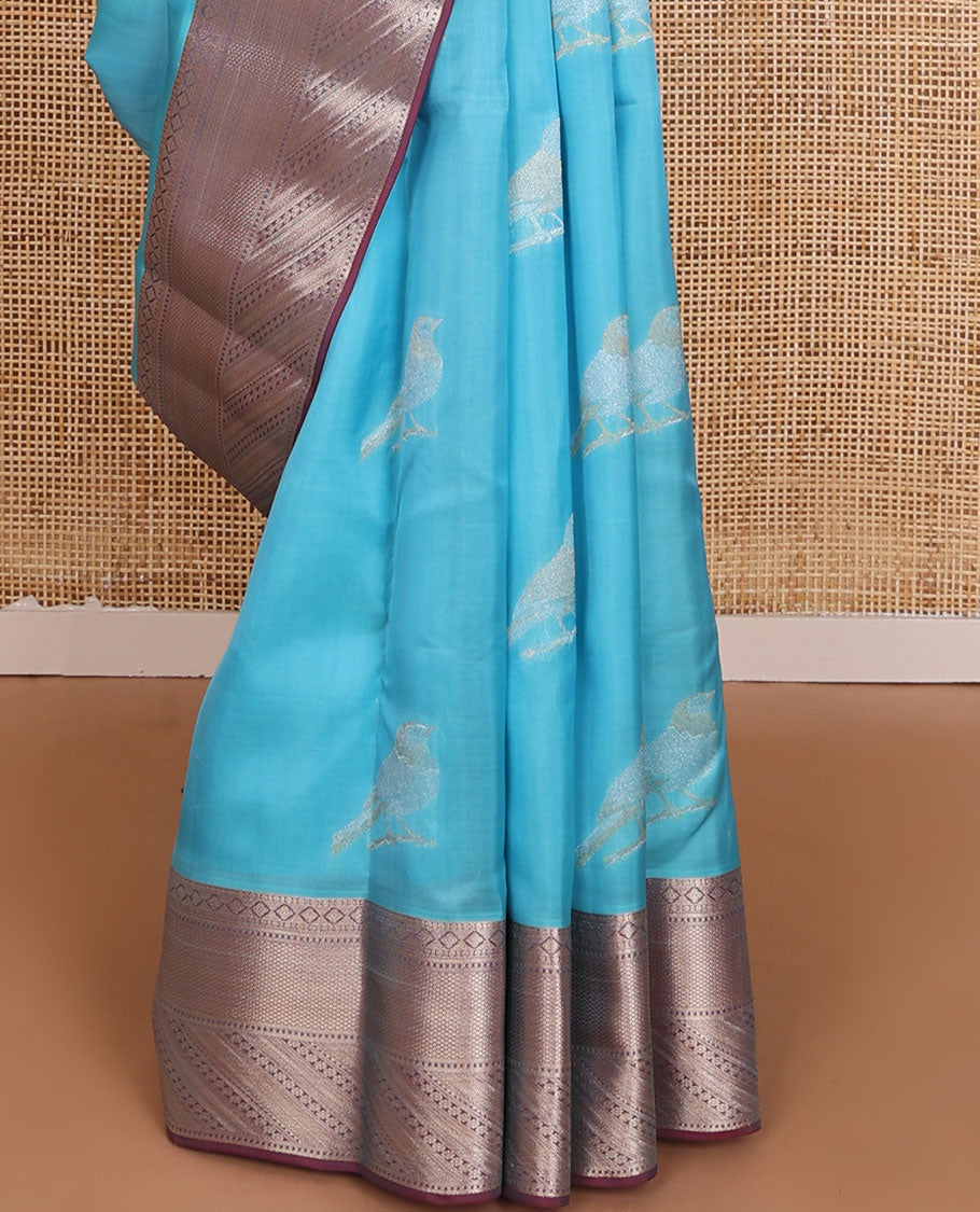 Blue sparrow motifs Vasundhara elite silksaree,contrast border of rekku,kamalam,muthu,neli,paisa & mayil kann & jaal pallu
