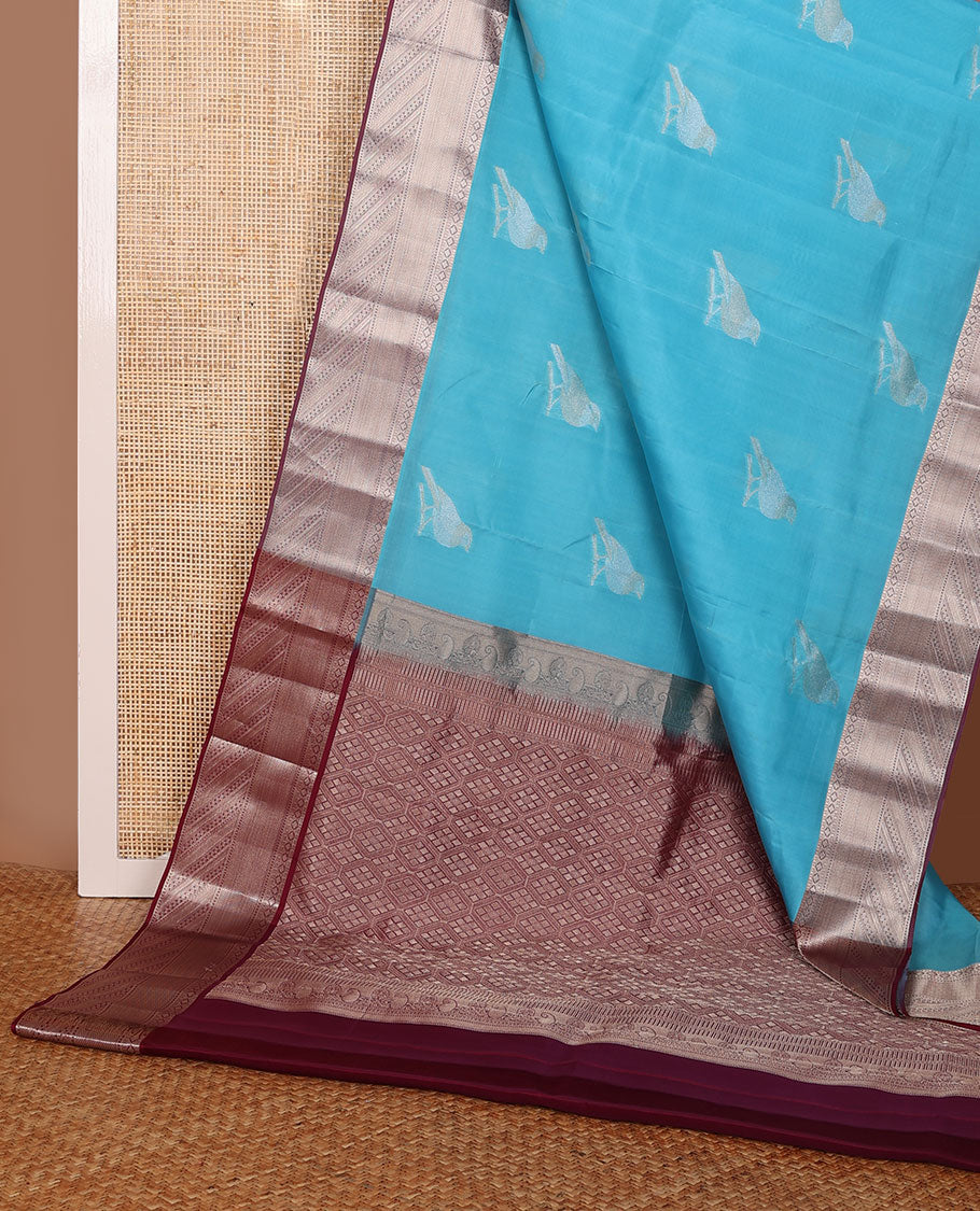 Blue sparrow motifs Vasundhara elite silksaree,contrast border of rekku,kamalam,muthu,neli,paisa & mayil kann & jaal pallu