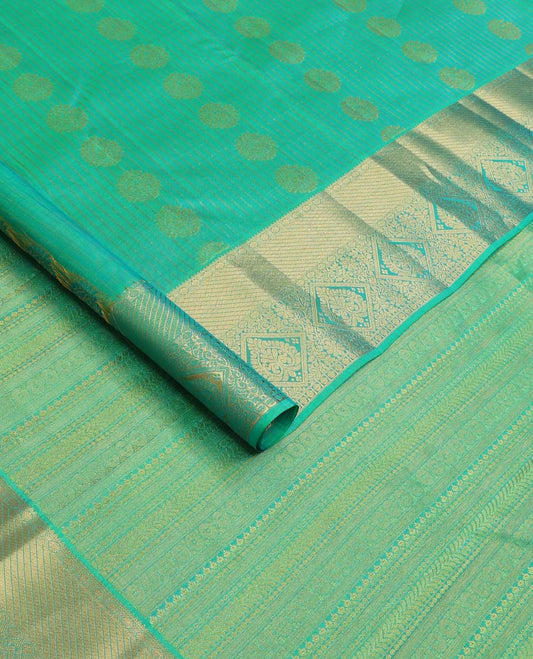 Green zari buttas Vasundhara silk mix saree, zari border of rudraksham, and diamond designs, and traditional design steeped border