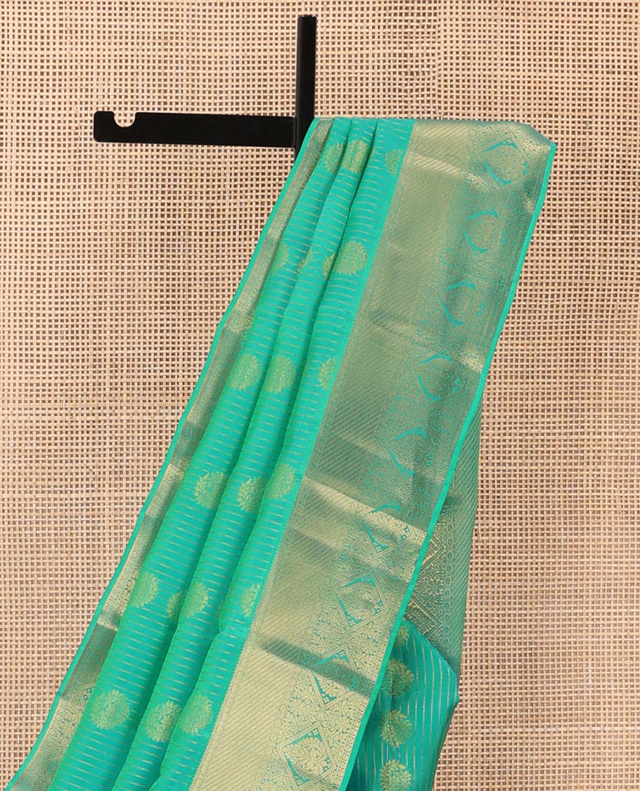 Green zari buttas Vasundhara silk mix saree, zari border of rudraksham, and diamond designs, and traditional design steeped border
