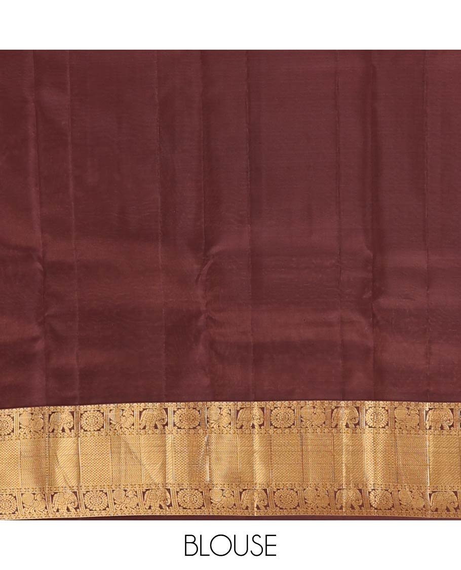 Red annam chakram buttas Vasundhara silk mix saree, contrast border of rudraksham, yaanai, mayil, chakram, vanki, mayil kann, and zari stripes, and jaal pallu