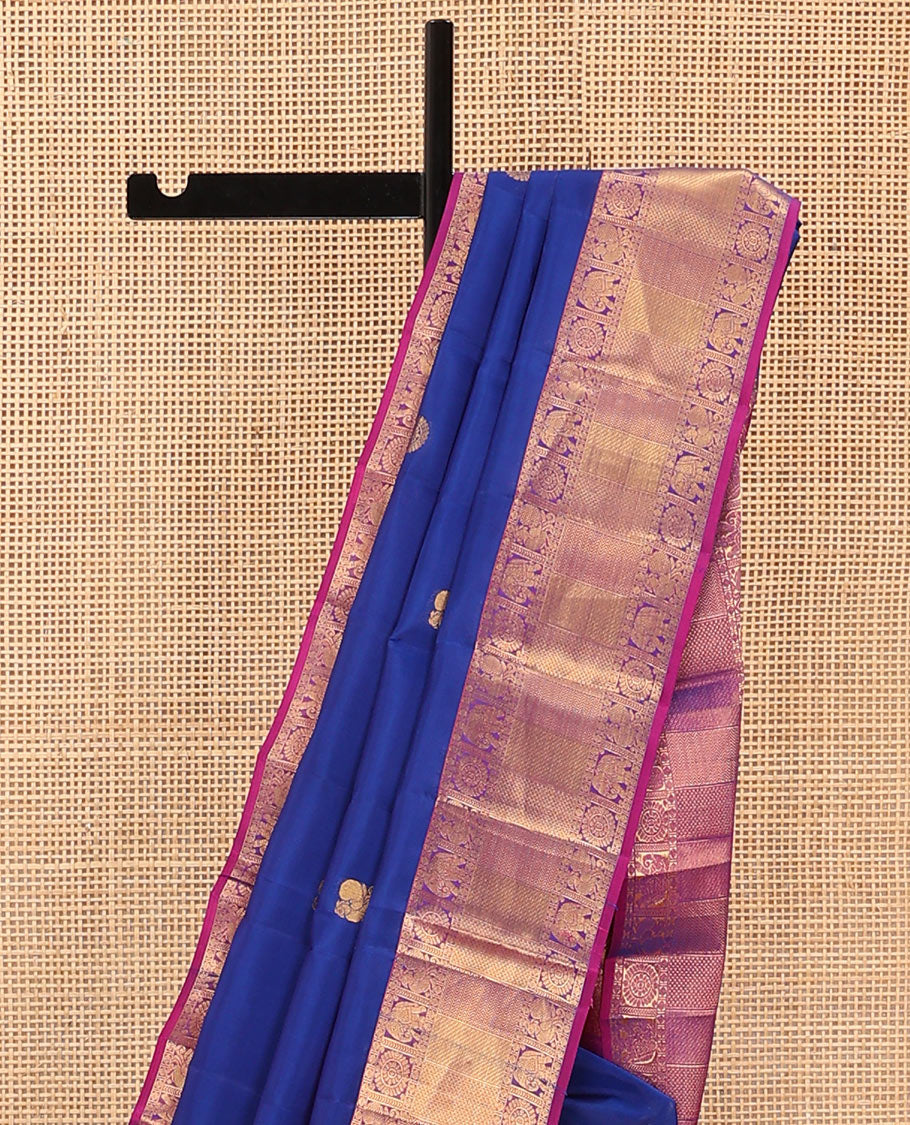 Blue Vasundhara Lite Silk Mix Saree Zari-Woven with Mayil Chakram Buttas, Complemented by a Contrast Border of Rudraksham, Mayil, Chakra, Yaanai, Vanki, and Mayil Kann Designs, Jaal Pallu, and a Contrast Blouse