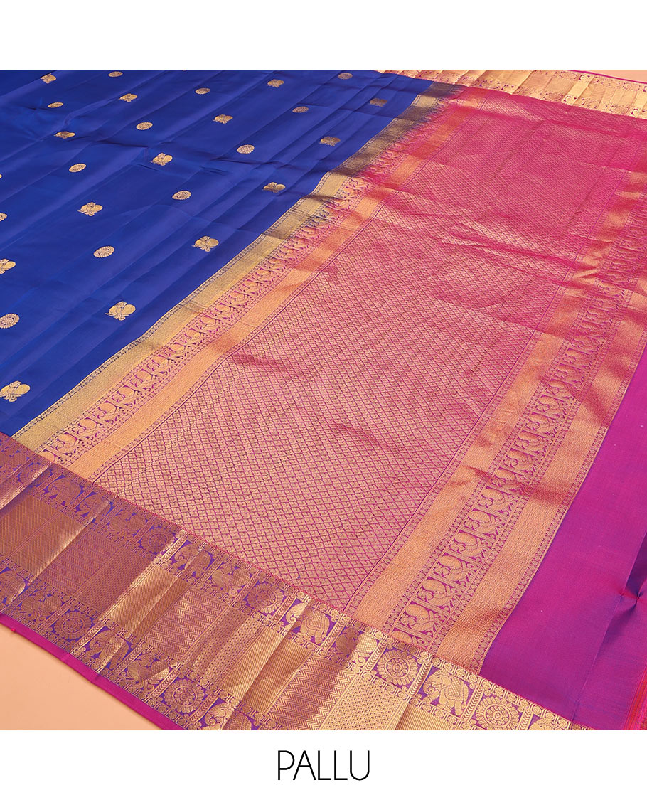 Blue Vasundhara Lite Silk Mix Saree Zari-Woven with Mayil Chakram Buttas, Complemented by a Contrast Border of Rudraksham, Mayil, Chakra, Yaanai, Vanki, and Mayil Kann Designs, Jaal Pallu, and a Contrast Blouse
