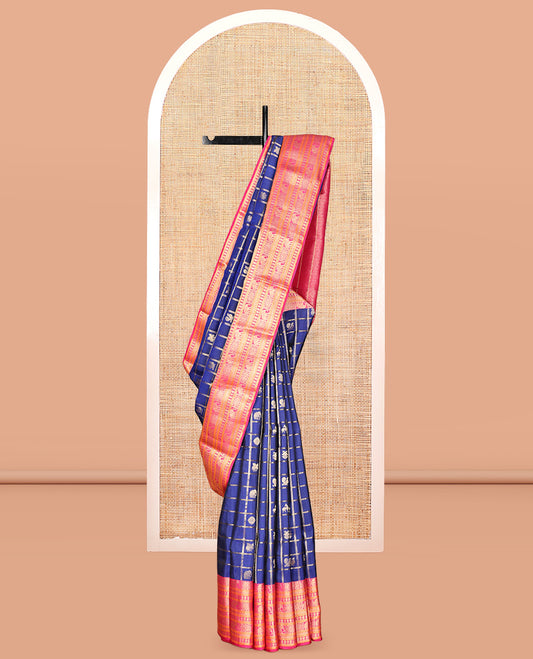 Blue Vasundhara Lite Silk Mix Saree, Enriched with Butta Enclosed Checks, a Contrast Border of Yaanai, Chakram, and Neli Designs, Vanki Pallu, and a Contrast Blouse