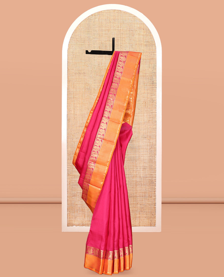 Pink Plain Vasundhara Lite Silk Mix Saree, a Contrast Zari Checked Border of Rekku, and Mayil Design, Grand Pallu, and a Contrast Blouse