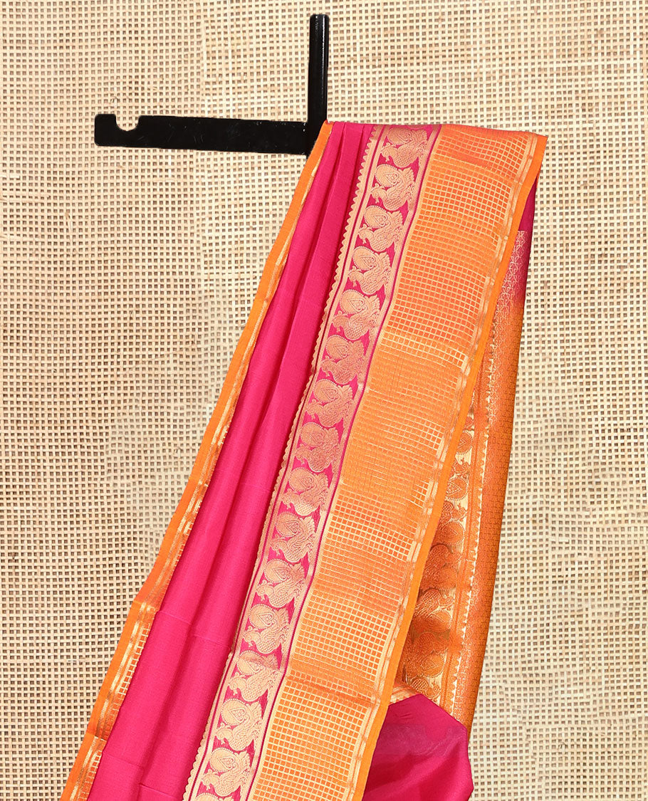 Pink Plain Vasundhara Lite Silk Mix Saree, a Contrast Zari Checked Border of Rekku, and Mayil Design, Grand Pallu, and a Contrast Blouse