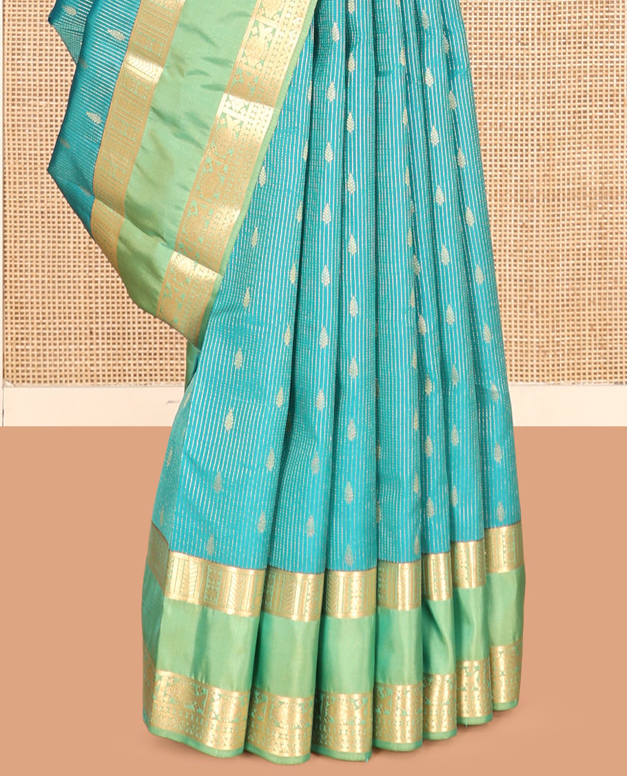 Blue Vasundhara Lite Silk Mix Saree, Graced with Zari Stripes and Buttas, a Contrast Rettai Pettu Border of Meen and Neli Designs, Grand Pallu, and a Contrast Blouse
