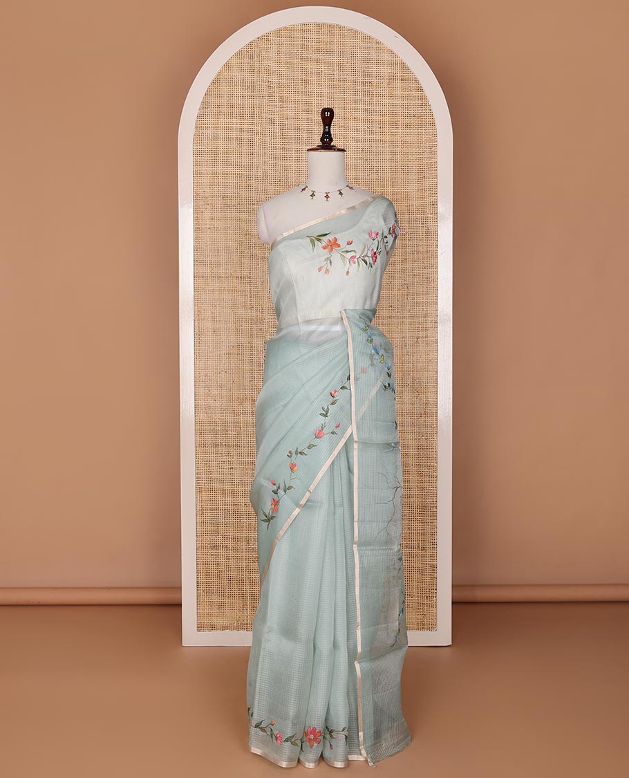 Green floral-bird hand-painted organza silk saree, leaf vine & birds hand-painted piping zari border & zari buttas chiniya silk blouse