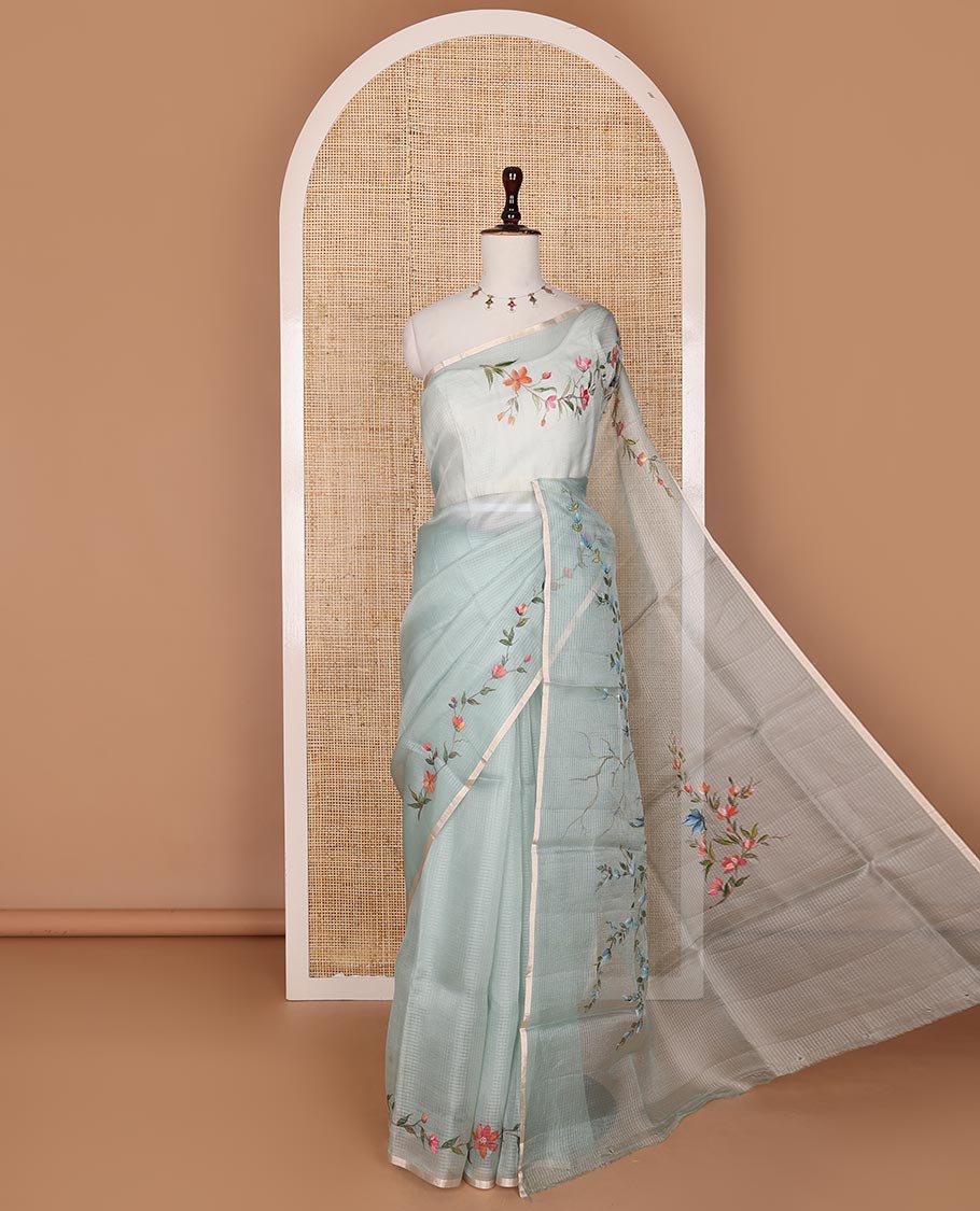 Green floral-bird hand-painted organza silk saree, leaf vine & birds hand-painted piping zari border & zari buttas chiniya silk blouse