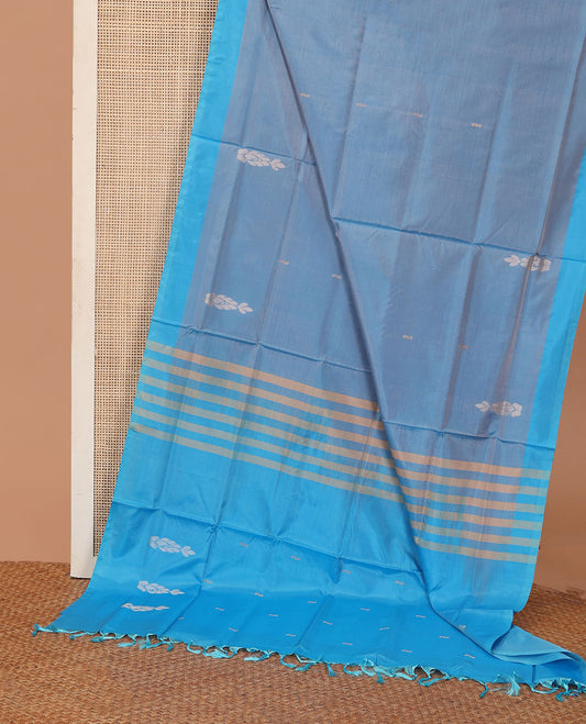 Blue zari buttas banana pith saree, contrast plain border, and pallu of stripes, and buttas