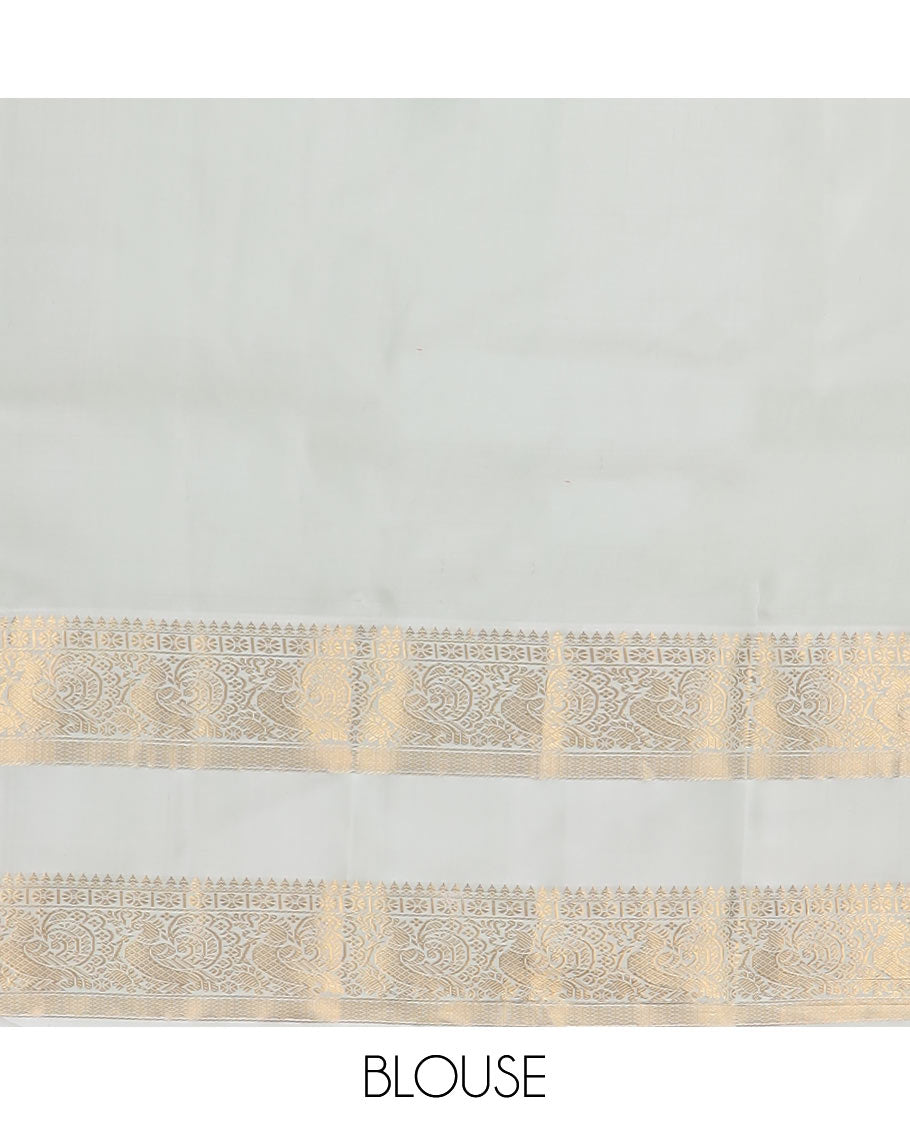 Orange zari buttas silk saree, contrast rettai pettu border of thilakam mokku, kamalam, and mayil designs, and jaal pallu