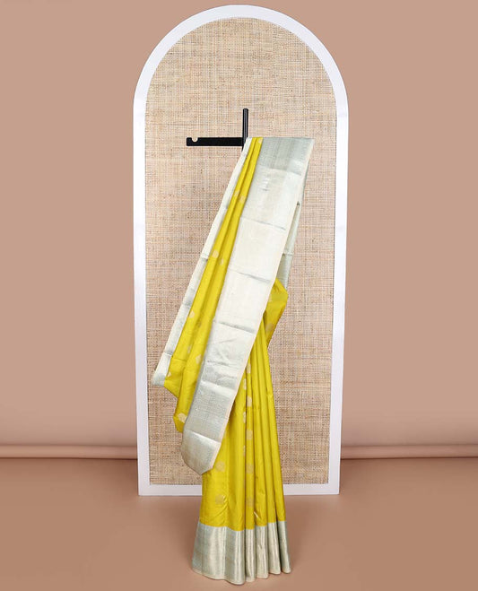 Mustard mayil buttas silk saree with contrast traditional zari design border & jaal design pallu