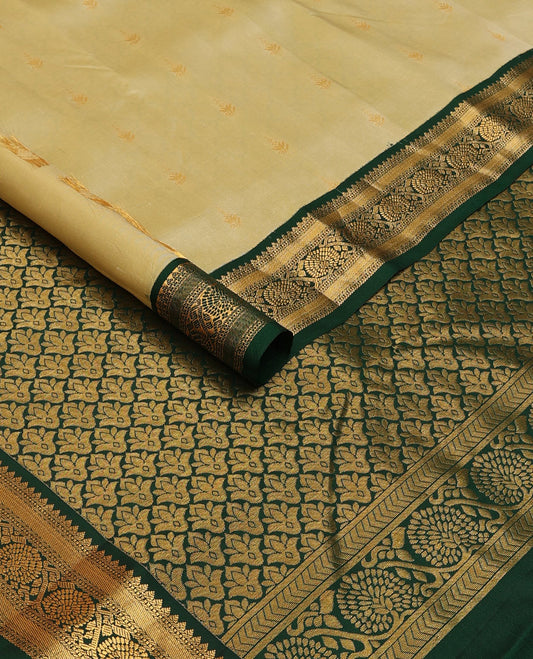 Green silk saree with zari buttas, contrast border of muthu,banaras & dhavana kodi design & jaal pallu