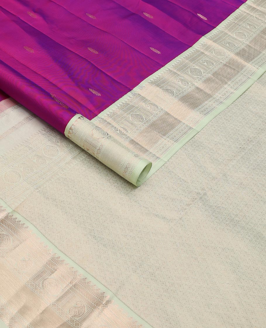 Purple zari buttas silk saree, contrast zari border of thilakam,muthu,kathir,banaras, manga & chakram designs & jaal pallu