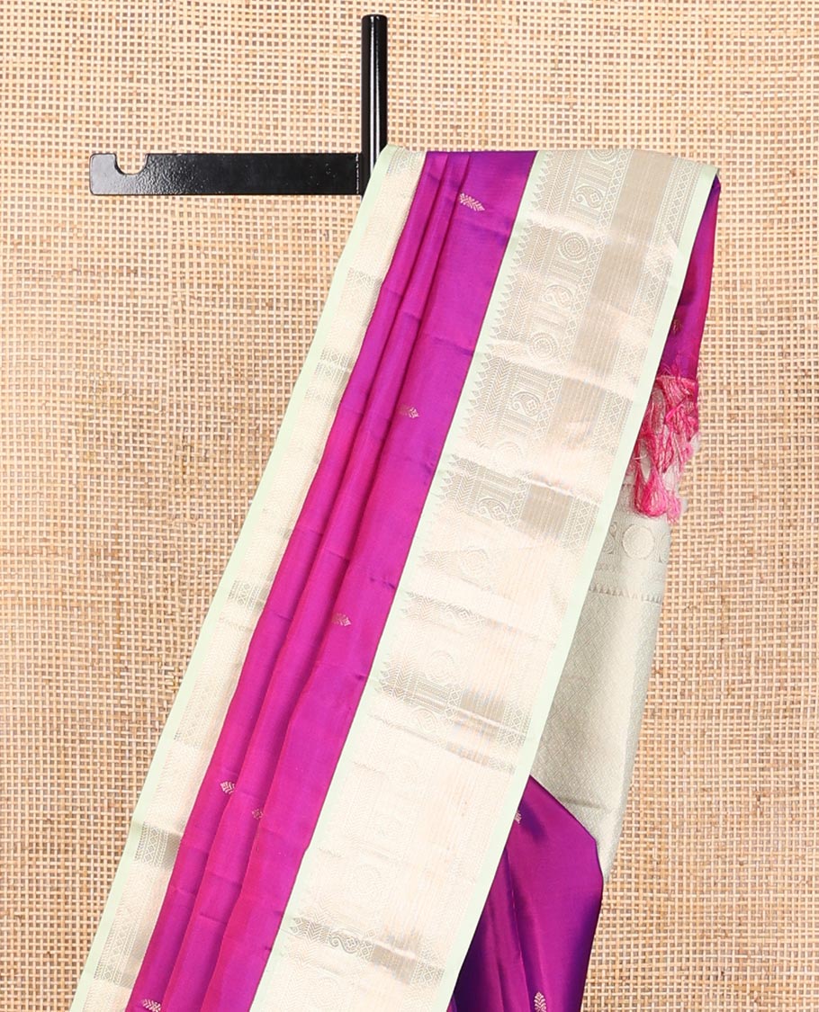 Purple zari buttas silk saree, contrast zari border of thilakam,muthu,kathir,banaras, manga & chakram designs & jaal pallu