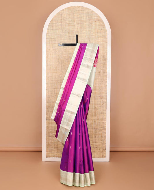 Purple zari buttas silk saree, contrast zari border of thilakam,muthu,kathir,banaras, manga & chakram designs & jaal pallu