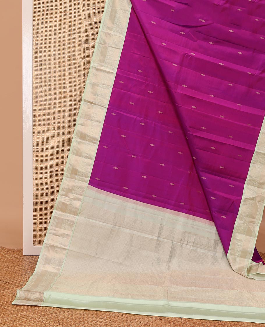 Purple zari buttas silk saree, contrast zari border of thilakam,muthu,kathir,banaras, manga & chakram designs & jaal pallu