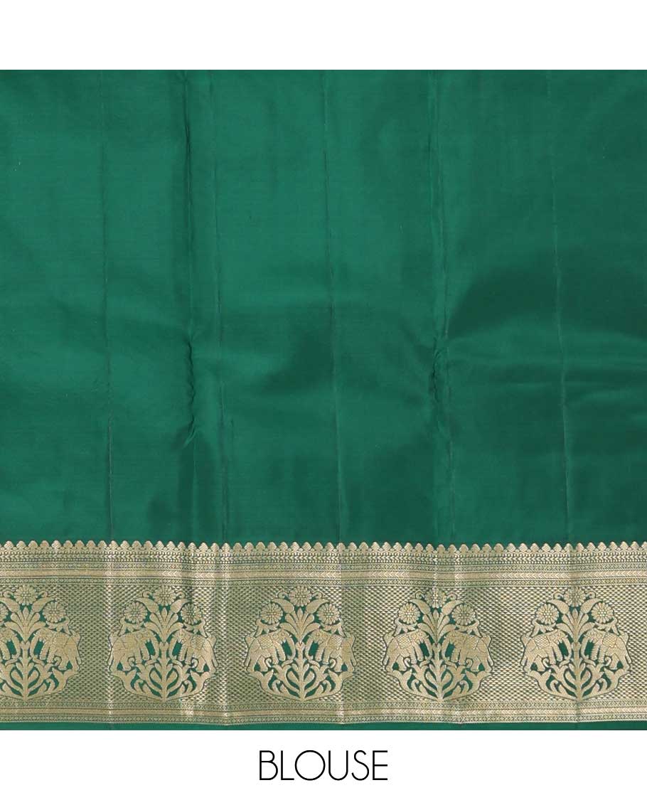 Green zari buttas silk saree, zari border of thilakam mokku, muthu, kathir, ara maadam, and yaanai, and jaal pallu