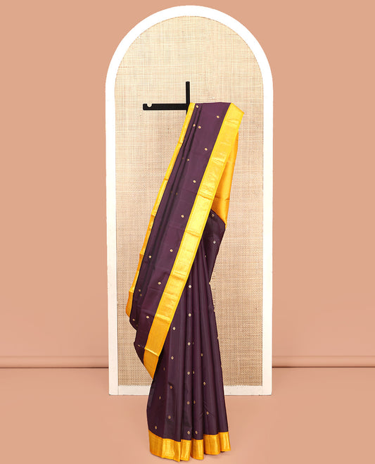 Purple Vasundhara Silk Saree, Elevated with Zari Buttas All Over Its Body, Complemented by Contrast Border of Banaras, Neli, and Mayil Kann Designs, Grand Pallu and Paired with a Contrast Blouse
