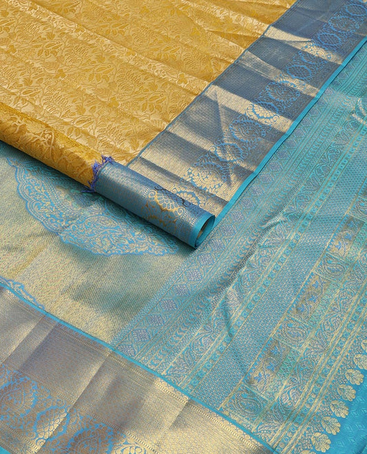 Yellow jacquard wedding silk saree, contrast zari border of muthu, jaal & floral designs & intricately designed pallu