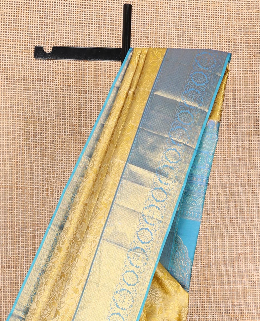 Yellow jacquard wedding silk saree, contrast zari border of muthu, jaal & floral designs & intricately designed pallu