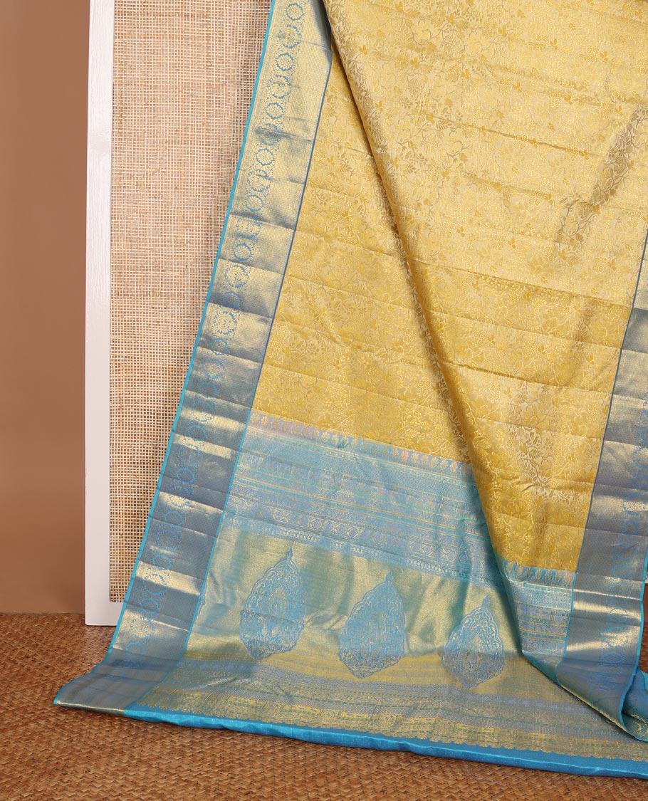 Yellow jacquard wedding silk saree, contrast zari border of muthu, jaal & floral designs & intricately designed pallu