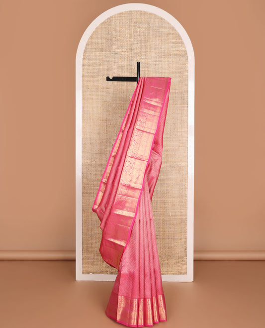 Pink jacquard wedding silk saree, zari-rich jaal pallu & zari border of rekku,rudraksham,jaal, floral & paisleys