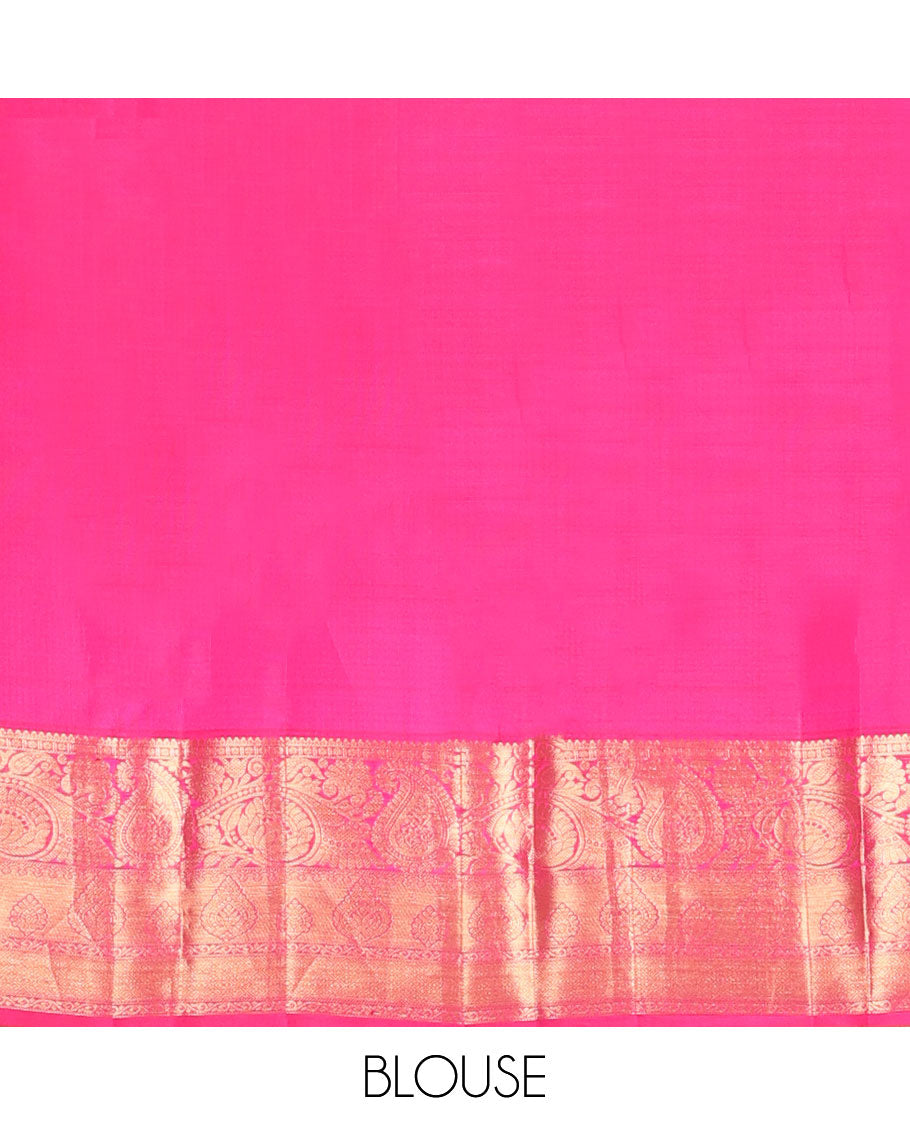 Pink jacquard wedding silk saree, zari-rich jaal pallu & zari border of rekku,rudraksham,jaal, floral & paisleys