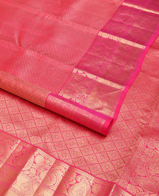 Pink jacquard wedding silk saree, zari-rich jaal pallu & zari border of rekku,rudraksham,jaal, floral & paisleys