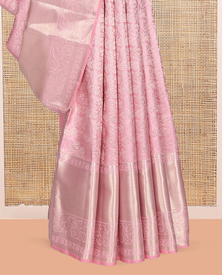 Pink Jacquard Kanchipuram Wedding Silk Saree, Highlighted by a Zari Border of Kodi Visiry Designs, Grand Jaal Pallu, and Matching Blouse