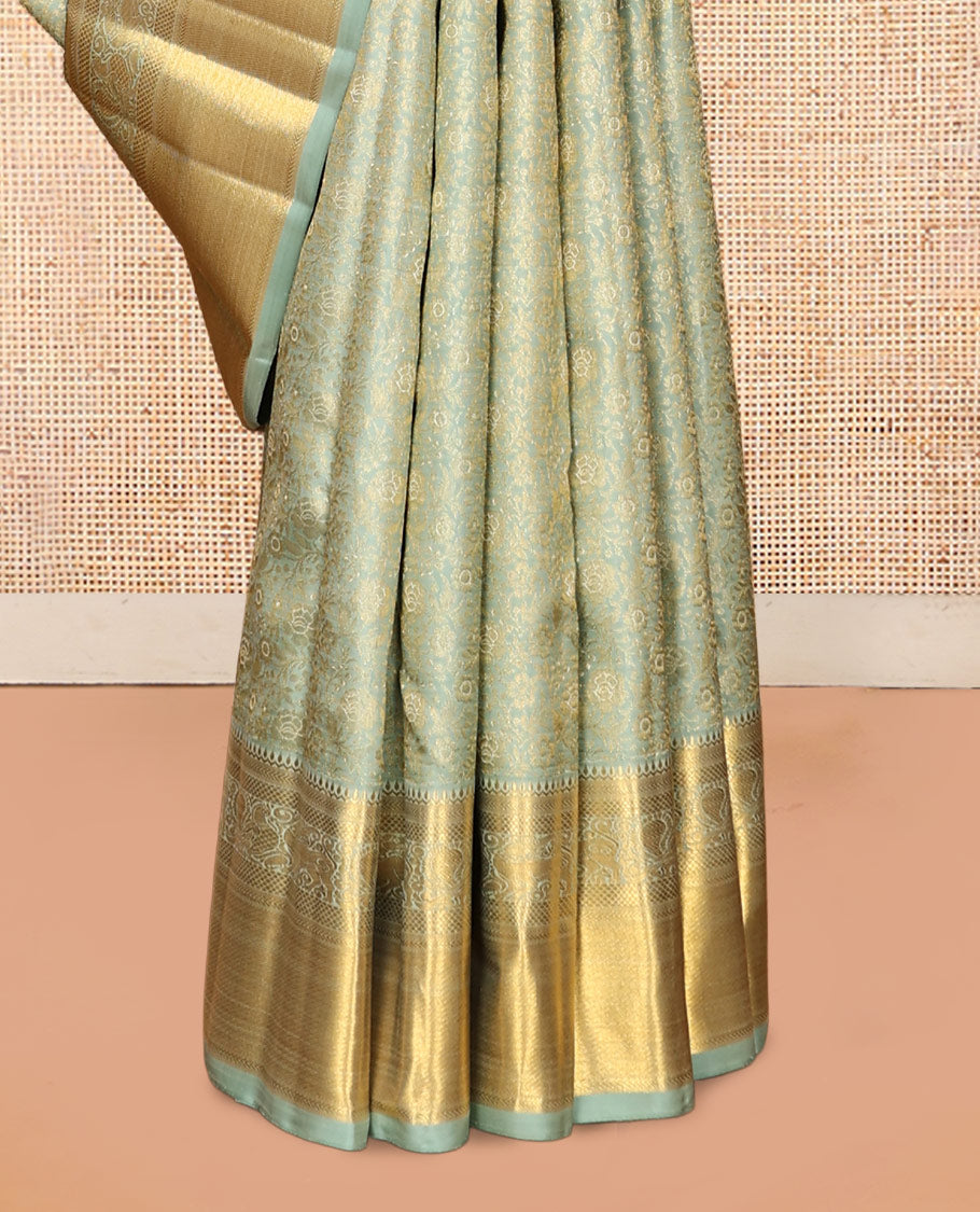 Blue Kanchipuram Wedding Silk Saree, Delicately Woven with Jacquard Design, Zari Border of Thilakam, Kathir, Kuyil Kann, Yaali, and Mayil Designs, Jaal Pallu, and a Matching Blouse