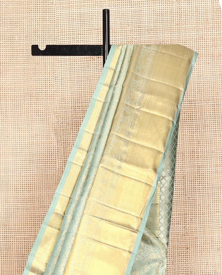 Blue Kanchipuram Wedding Silk Saree, Delicately Woven with Jacquard Design, Zari Border of Thilakam, Kathir, Kuyil Kann, Yaali, and Mayil Designs, Jaal Pallu, and a Matching Blouse