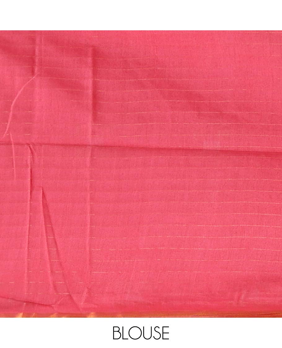 Blue checked linen saree with contrast pink geometric design border & checked, geometric design pallu