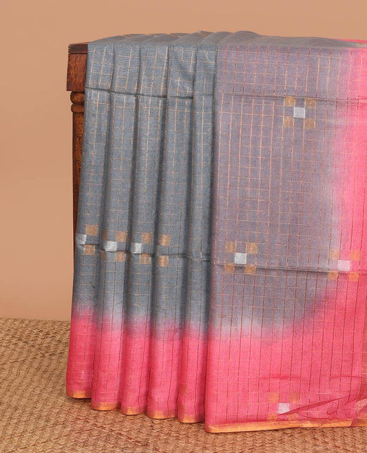 Blue checked linen saree with contrast pink geometric design border & checked, geometric design pallu
