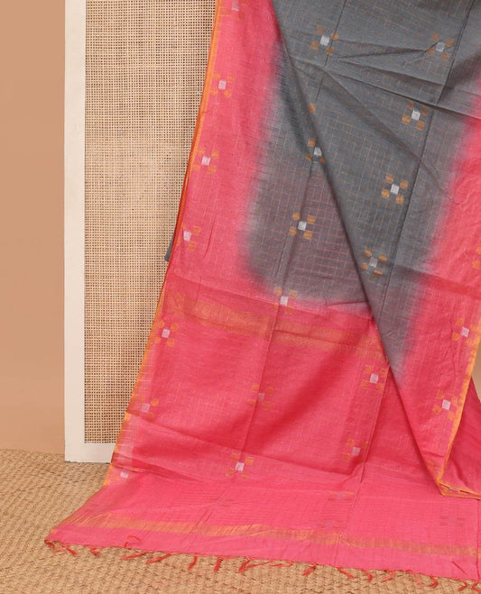 Blue checked linen saree with contrast pink geometric design border & checked, geometric design pallu