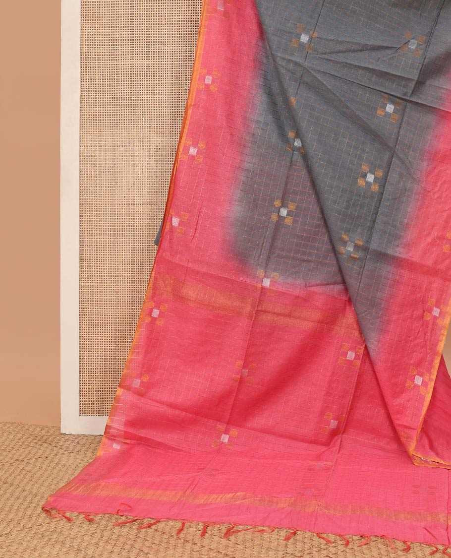 Blue checked linen saree with contrast pink geometric design border & checked, geometric design pallu
