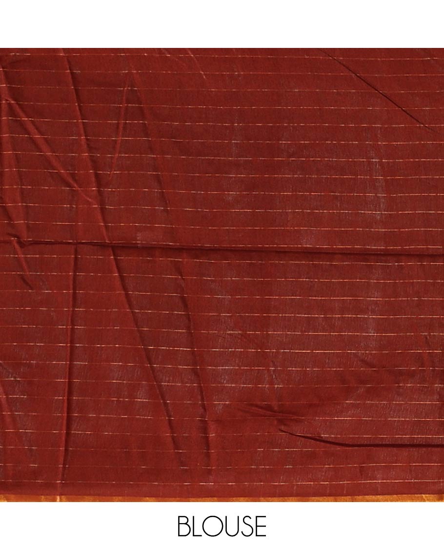 Blue checked linen saree with contrast brown geometric design border & checked, geometric design pallu