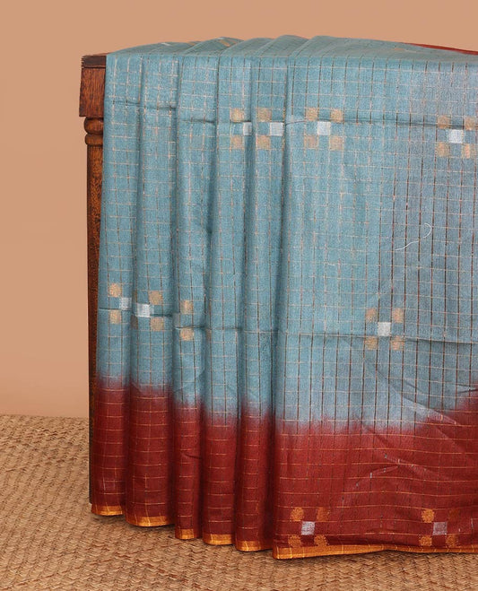 Blue checked linen saree with contrast brown geometric design border & checked, geometric design pallu