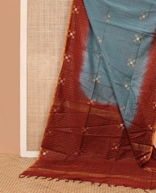 Blue checked linen saree with contrast brown geometric design border & checked, geometric design pallu
