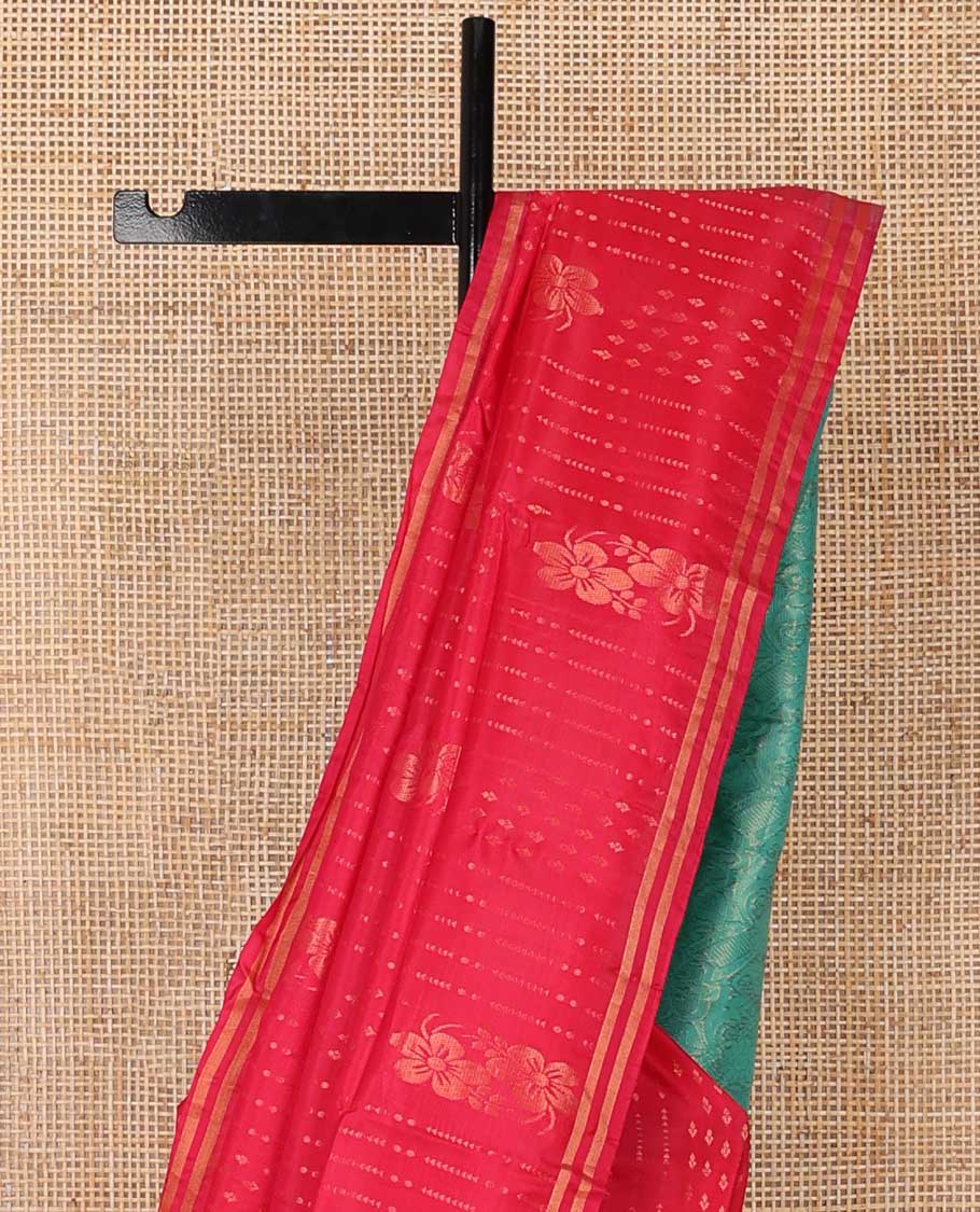Red striped, floral motifs uppada saree with self border & floral design pallu