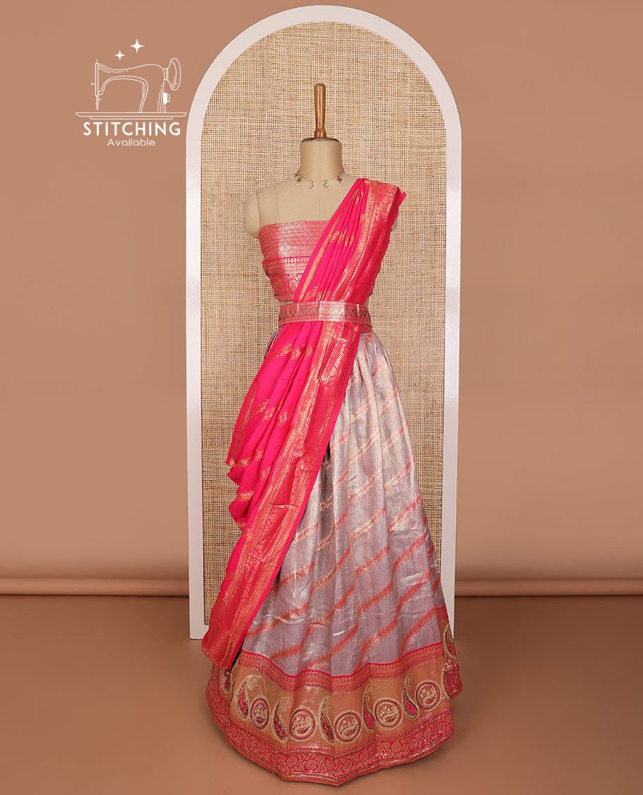 Grey striped tissue half saree with contrast paisley design border, zari design blouse & floral design dhavani