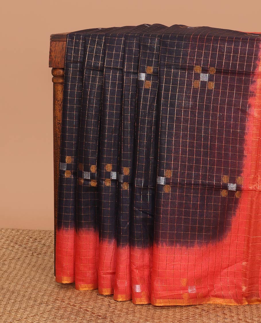 Violet checked linen saree with contrast geometric design border & checked, geometric design pallu