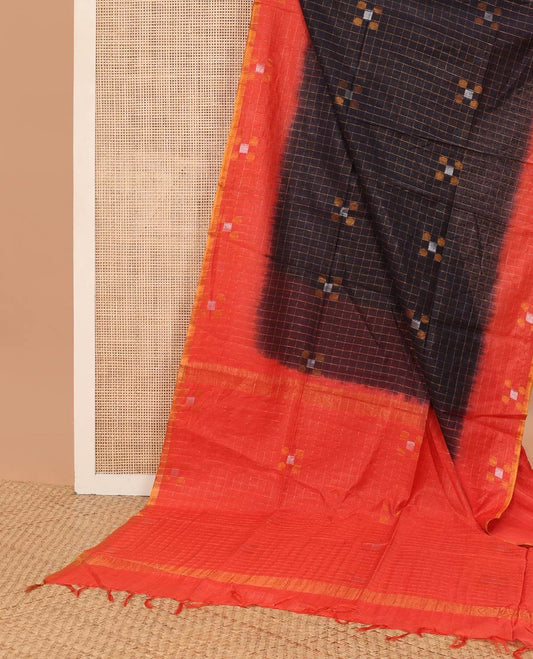 Violet checked linen saree with contrast geometric design border & checked, geometric design pallu