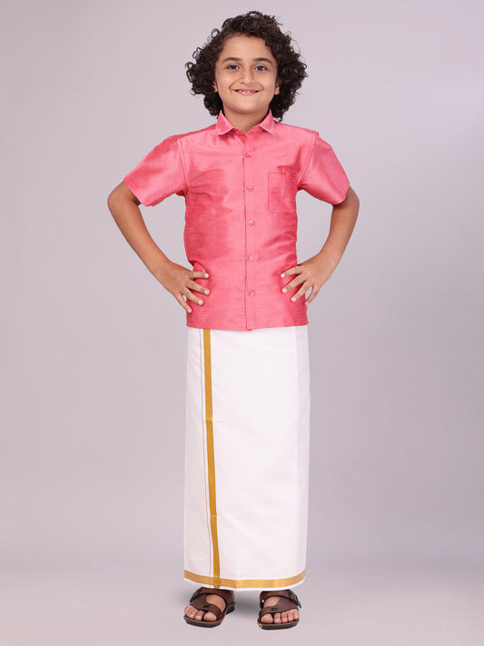 Boys Pink Color Half Sleeves Shirt with Gold Jari Flexi Dhoti Adorable Boy