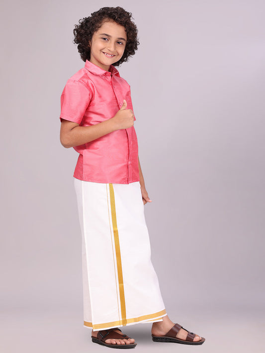 Boys Pink Color Half Sleeves Shirt with Gold Jari Flexi Dhoti Adorable Boy