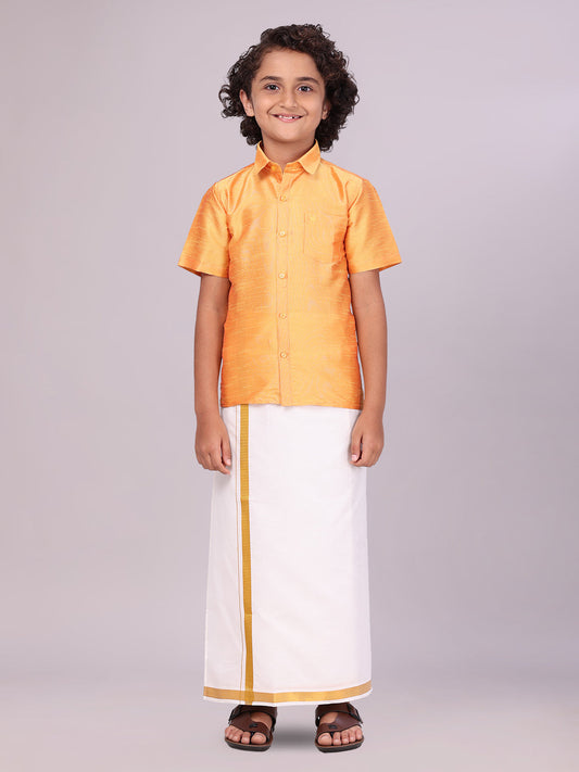 Boys Golden Yellow Color Half Sleeves Shirt with Gold Jari Flexi Dhoti Adorable Boy