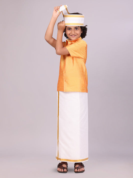Boys Golden Yellow Color Half Sleeves Shirt with Gold Jari Flexi Dhoti Adorable Boy